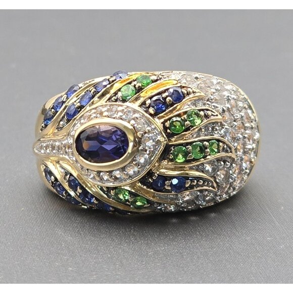 Unknown Signature Jewelry - 14k Yellow Gold Multi Gemstone Peacock Cocktail Ring Size 7 Signed 7.43g